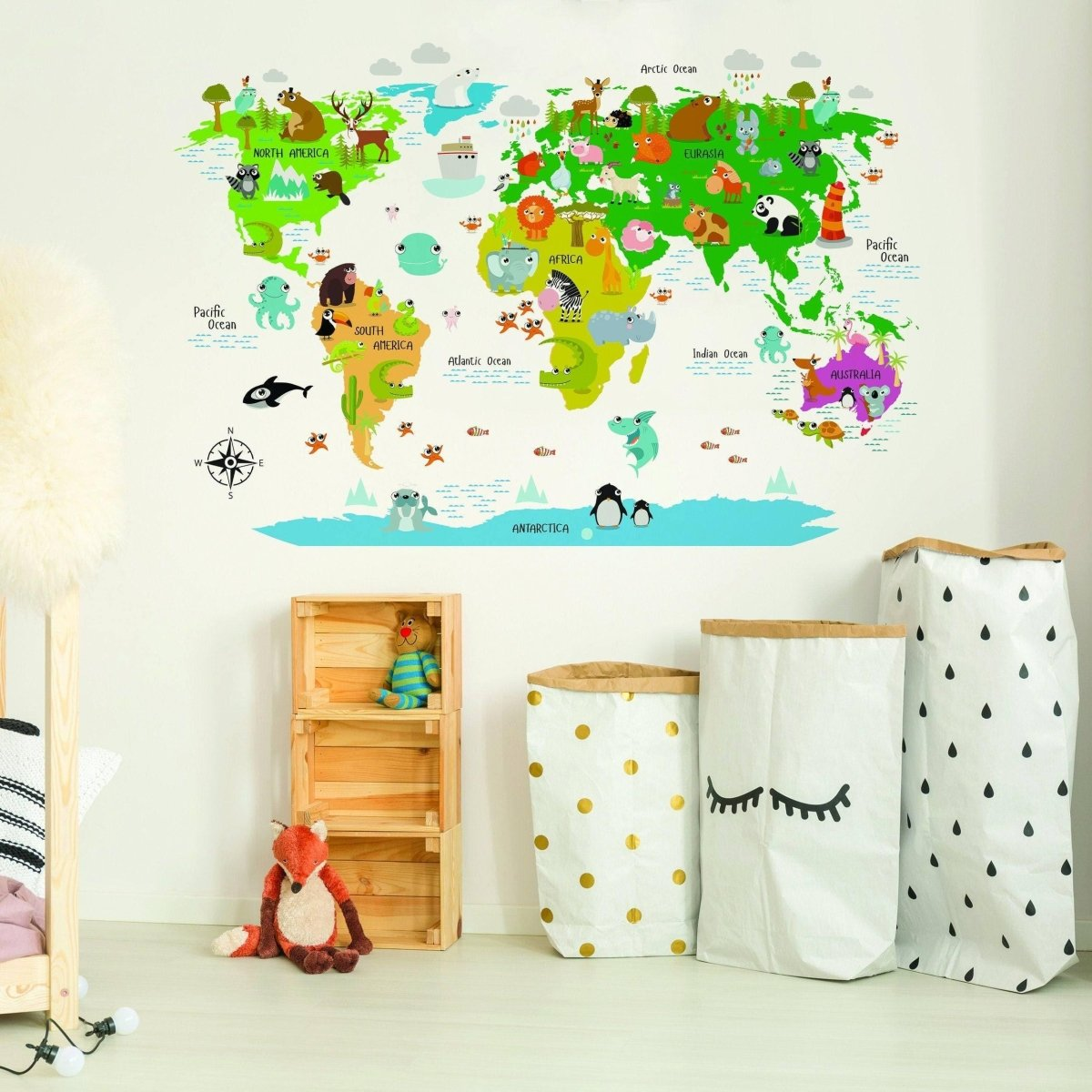 Kids World Map Wall Decal - Country Animal Room Decor Vinyl Sticker For Nursery - Peel And Stick Art Of Education Bedroom Playroom Mural