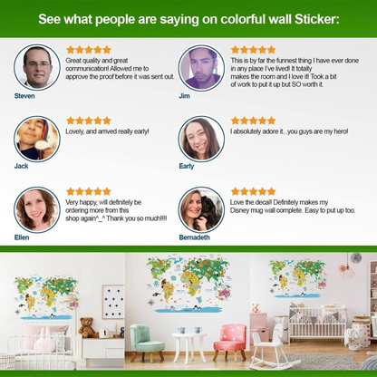 Kids World Map Wall Decal - Country Animal Room Decor Vinyl Sticker For Nursery - Peel And Stick Art Of Education Bedroom Playroom Mural