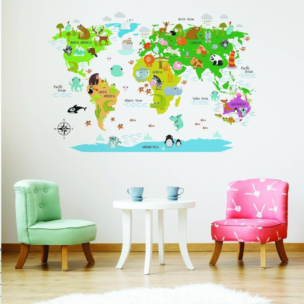 Kids World Map Wall Decal - Country Animal Room Decor Vinyl Sticker For Nursery - Peel And Stick Art Of Education Bedroom Playroom Mural