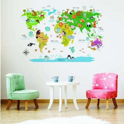 Kids World Map Wall Decal - Country Animal Room Decor Vinyl Sticker For Nursery - Peel And Stick Art Of Education Bedroom Playroom Mural