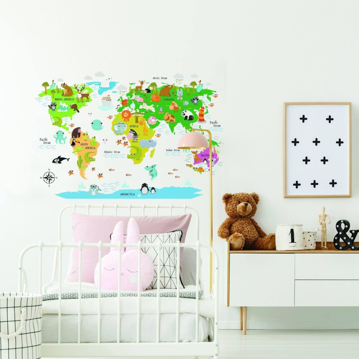 Kids World Map Wall Decal - Country Animal Room Decor Vinyl Sticker For Nursery - Peel And Stick Art Of Education Bedroom Playroom Mural
