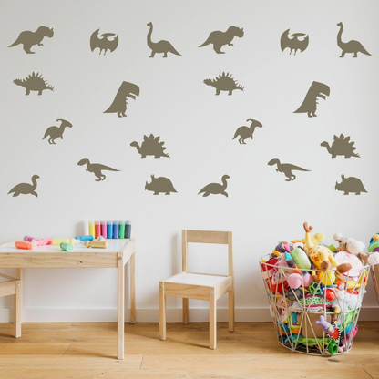 40x Dinosaur Silhouette Wall Decal - Dino Nursery Baby Room Art Vinyl Decor Decals - Kids T Rex Boys Stickers - Black Gold Boy Sticker