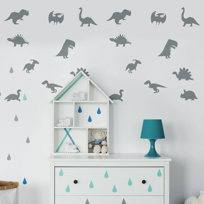 40x Dinosaur Silhouette Wall Decal - Dino Nursery Baby Room Art Vinyl Decor Decals - Kids T Rex Boys Stickers - Black Gold Boy Sticker