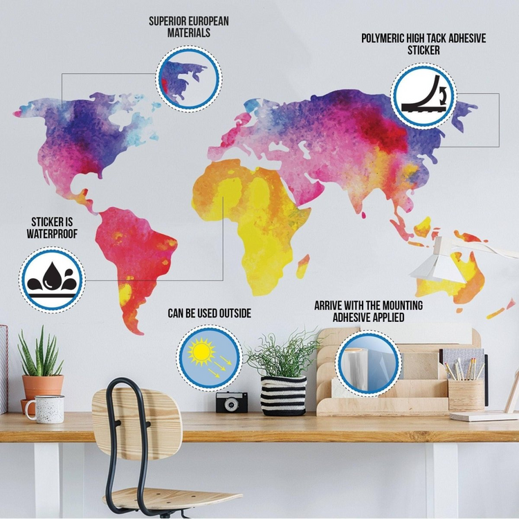 a desk with a map of the world