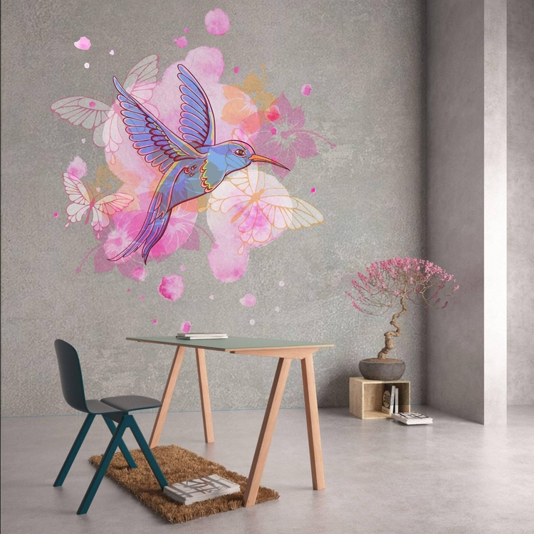a room with a table and a chair and a painting of a bird