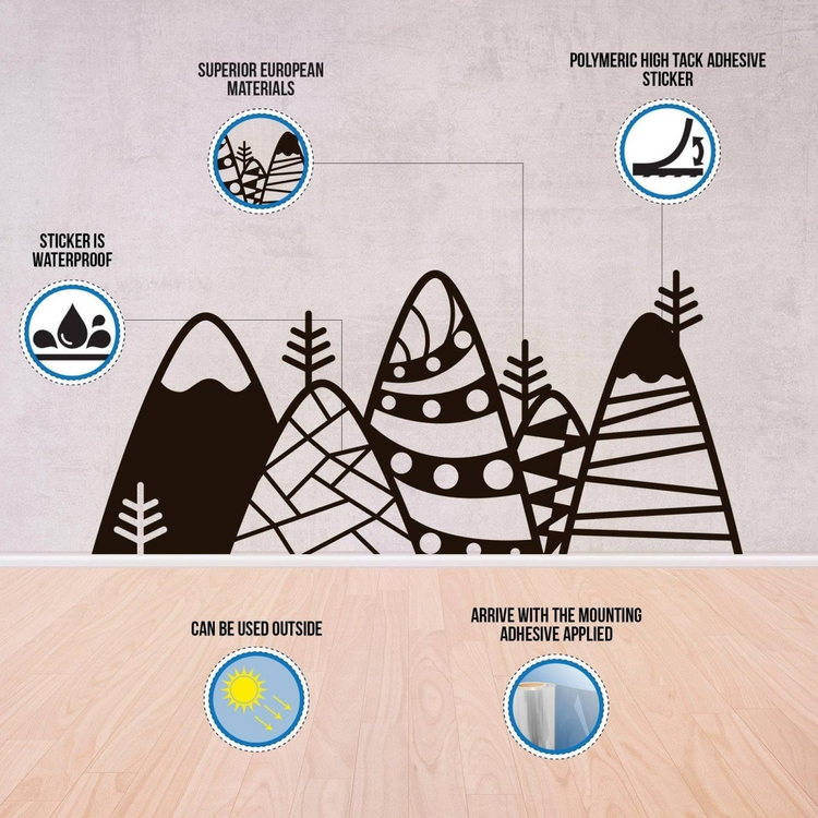 a wall with mountains and icons