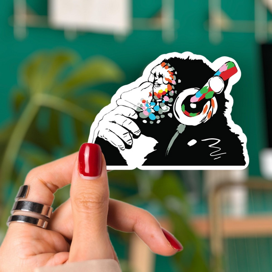 Monkey Laptop Vinyl Sticker - Music Graffiti Street Art Decal For Macbook - Chimp In Headphones Banksy Mural Gift - Thinking Dj Waterbottle