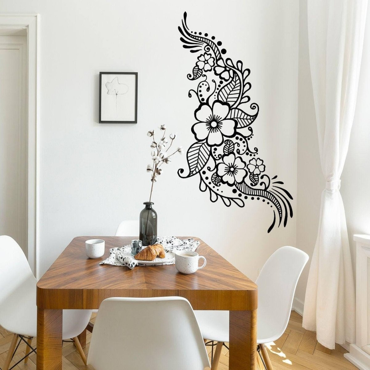 Henna Tattoo Wall Vinyl Sticker - Floral Flower Mandala Art Paisley Mehndi Indian Decal - Decor Inspired Stencil Black Home Room Joga Mural