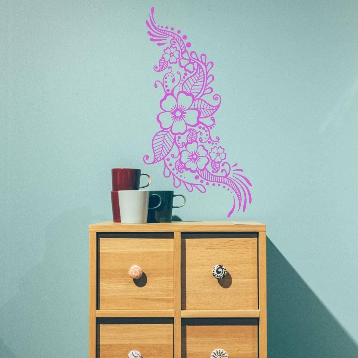 Henna Tattoo Wall Vinyl Sticker - Floral Flower Mandala Art Paisley Mehndi Indian Decal - Decor Inspired Stencil Black Home Room Joga Mural