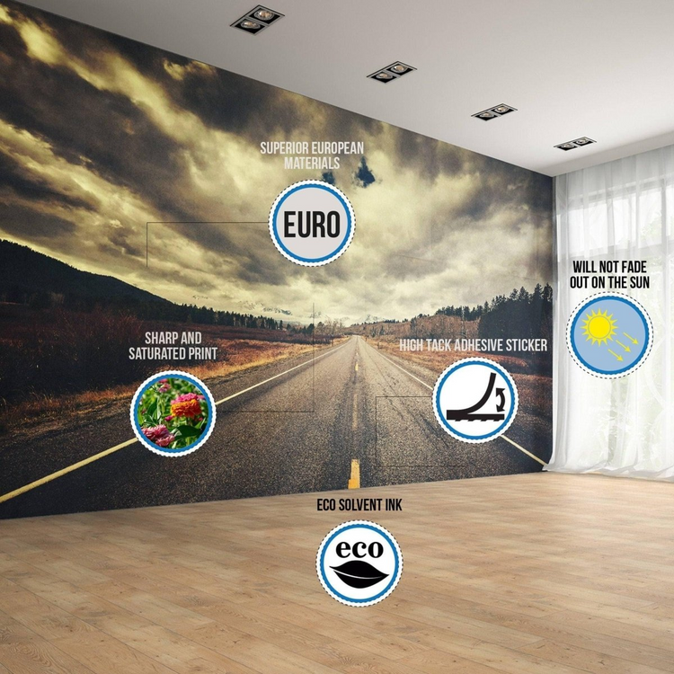 a wall with a picture of a road and text on it