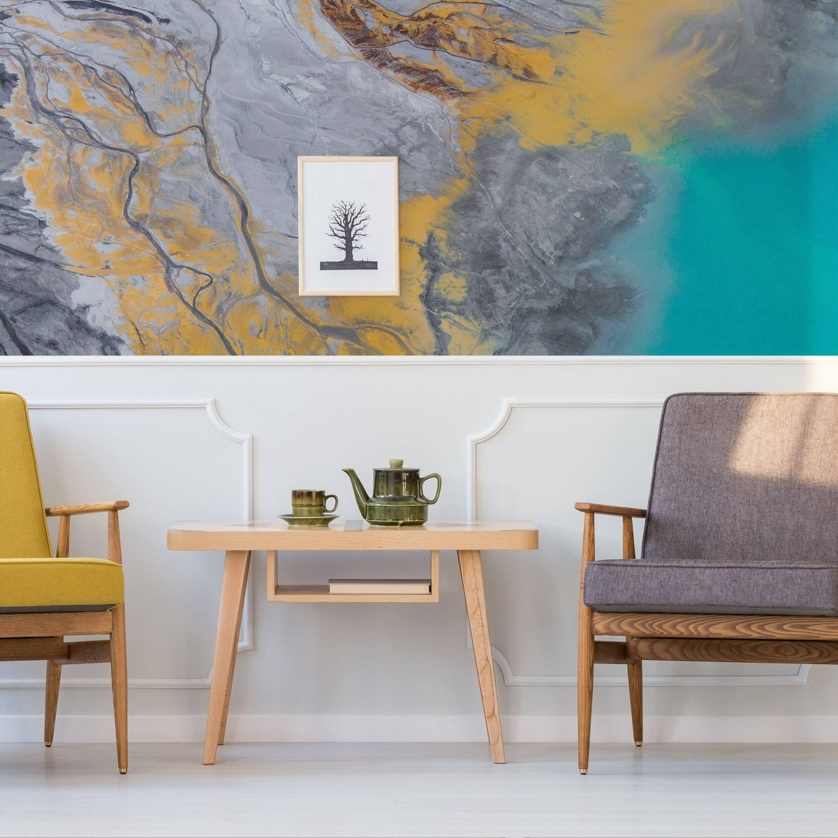 a table and chairs in a room