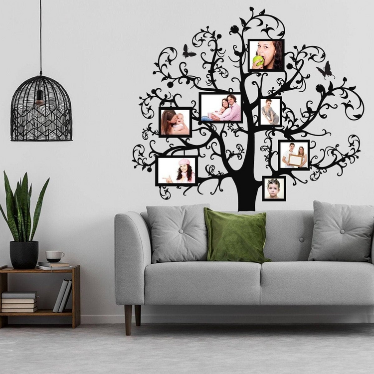 a couch with pictures on the wall