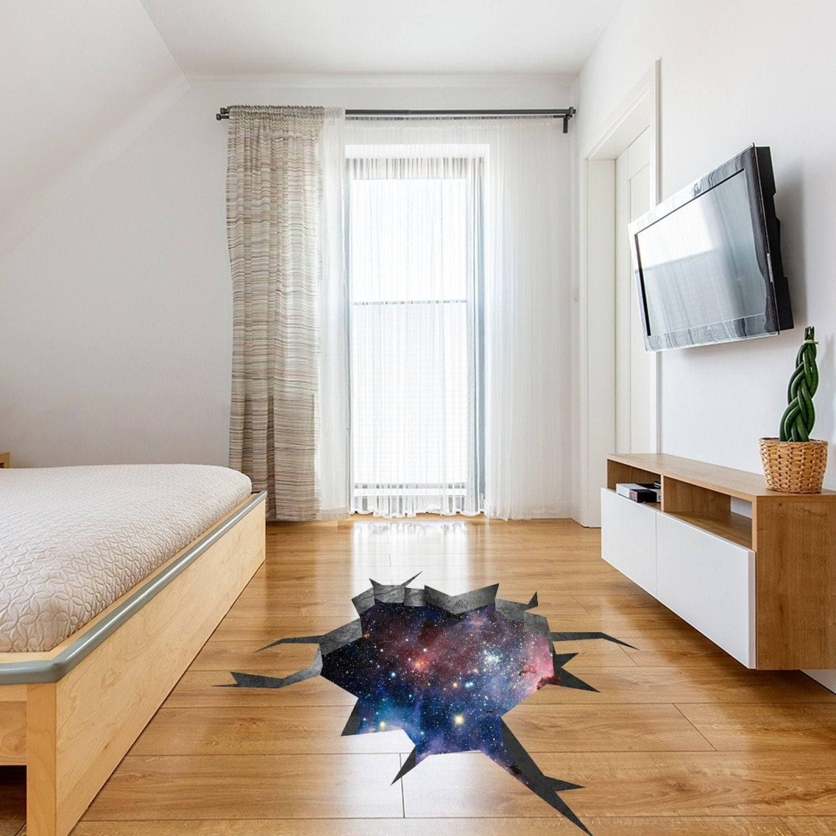 3d Effect Deep Space Wall Sticker - Outer Galaxy Floor Art Decor Mural Porthole Tunnel View Printed Decal - Printing Hole Universe Illusion