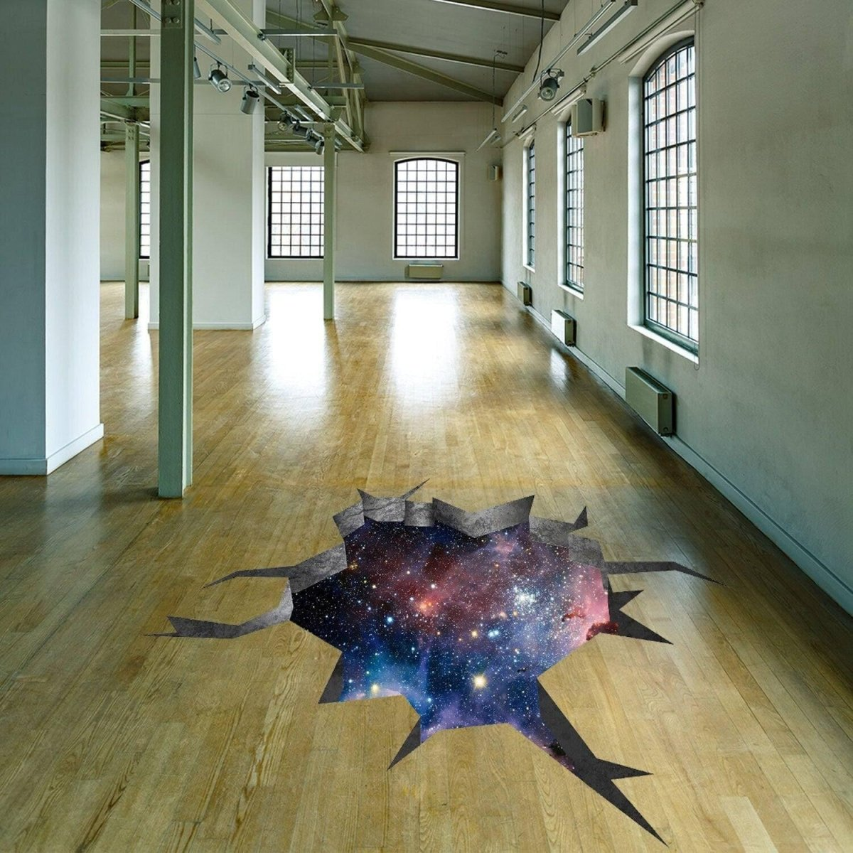 3d Effect Deep Space Wall Sticker - Outer Galaxy Floor Art Decor Mural Porthole Tunnel View Printed Decal - Printing Hole Universe Illusion