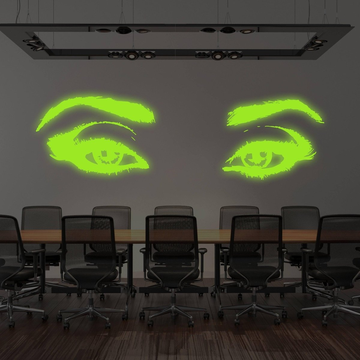 a room with a table and chairs and a wall with eyes