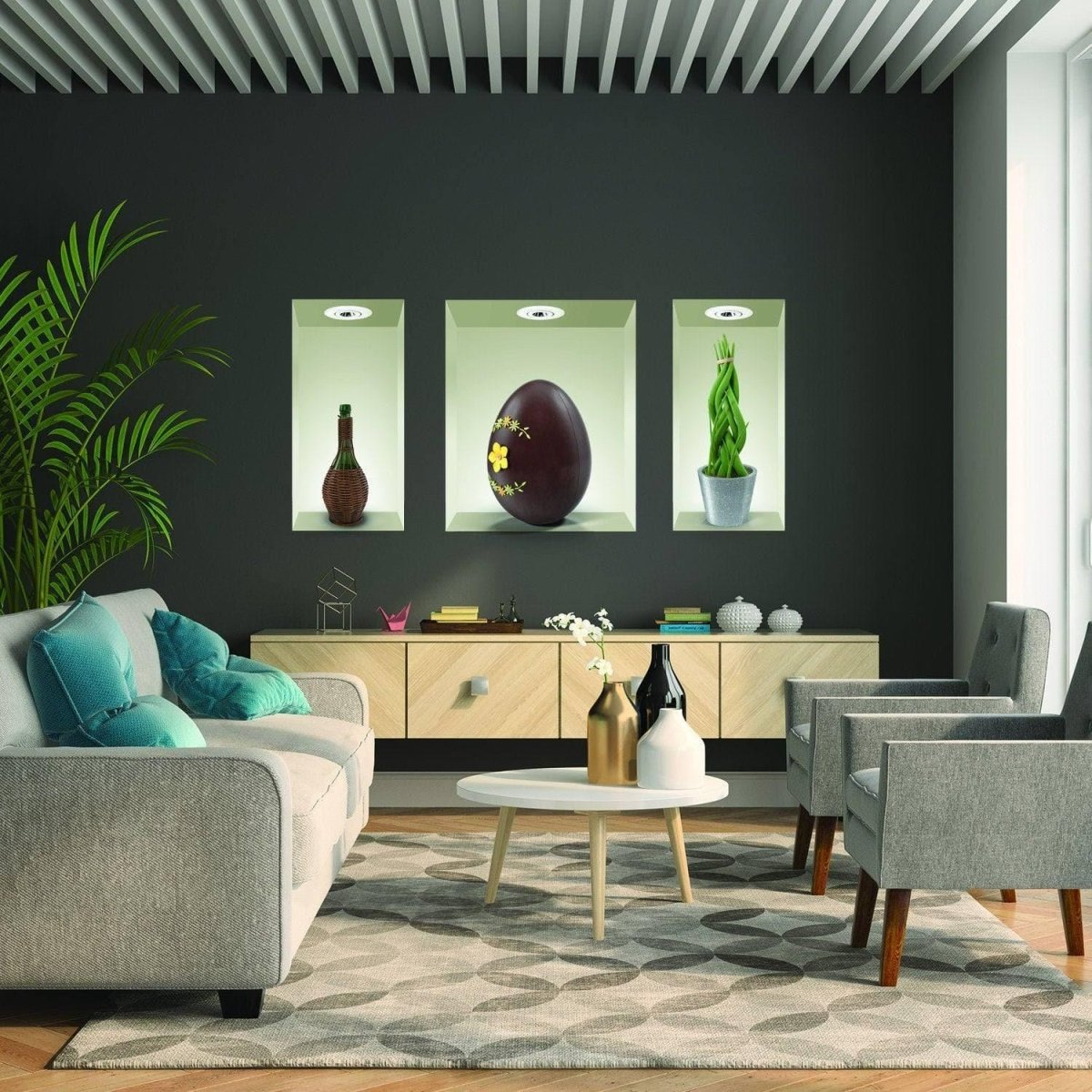 a living room with grey couches and a coffee table
