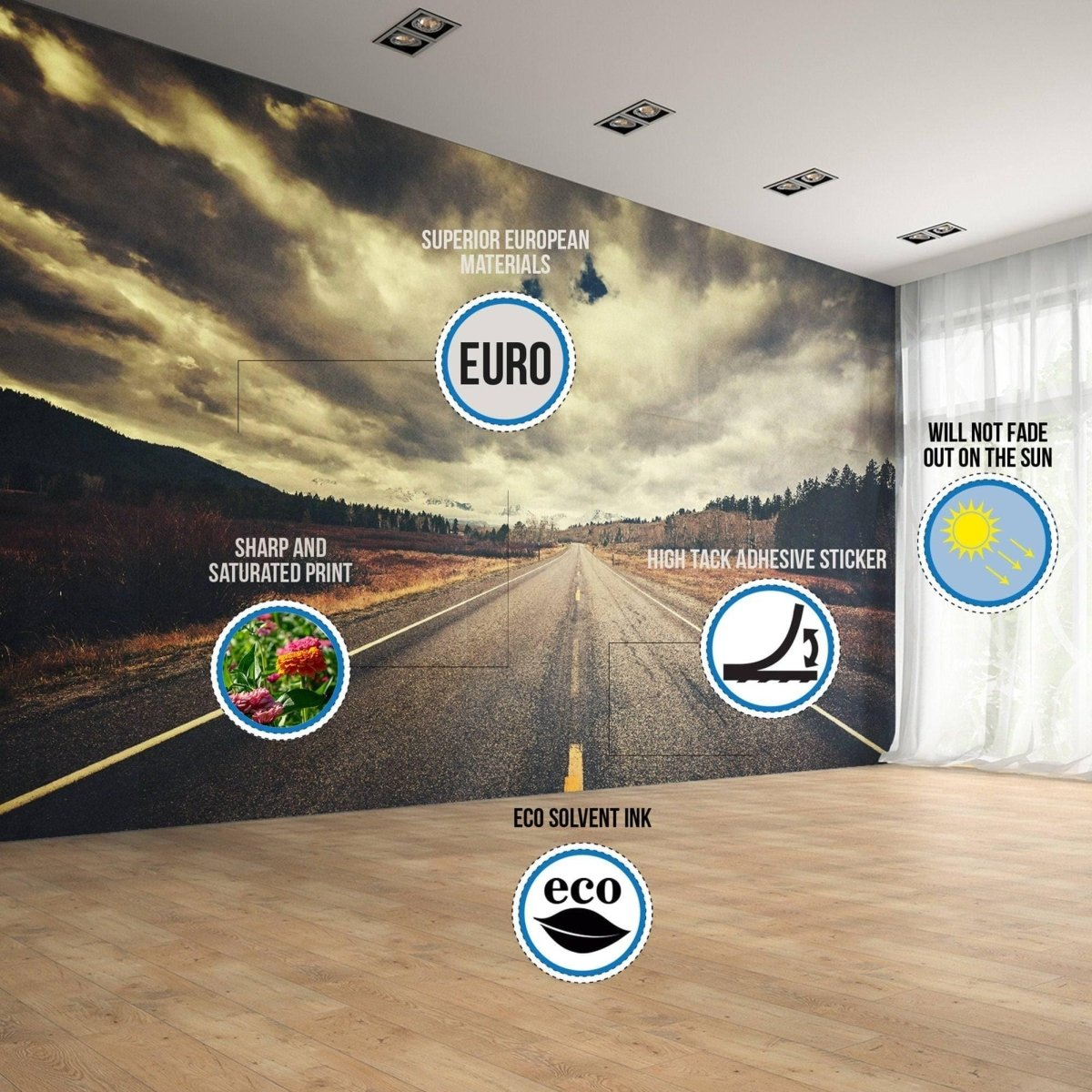a wall with a picture of a road and text on it