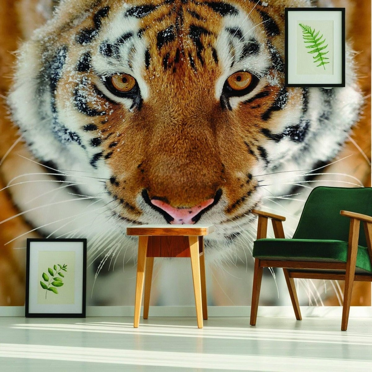 a chair and a table in front of a tiger wall