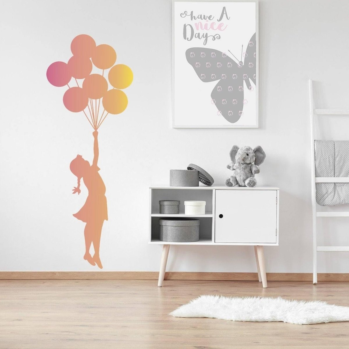Balloon Girl Banksy Wall Sticker - Hot Air Nursery Baby Decor Vinyl Room Cute Decal - Teen Love Silhouette Black Label Drawn Gift Mural