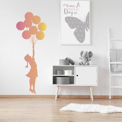 Balloon Girl Banksy Wall Sticker - Hot Air Nursery Baby Decor Vinyl Room Cute Decal - Teen Love Silhouette Black Label Drawn Gift Mural