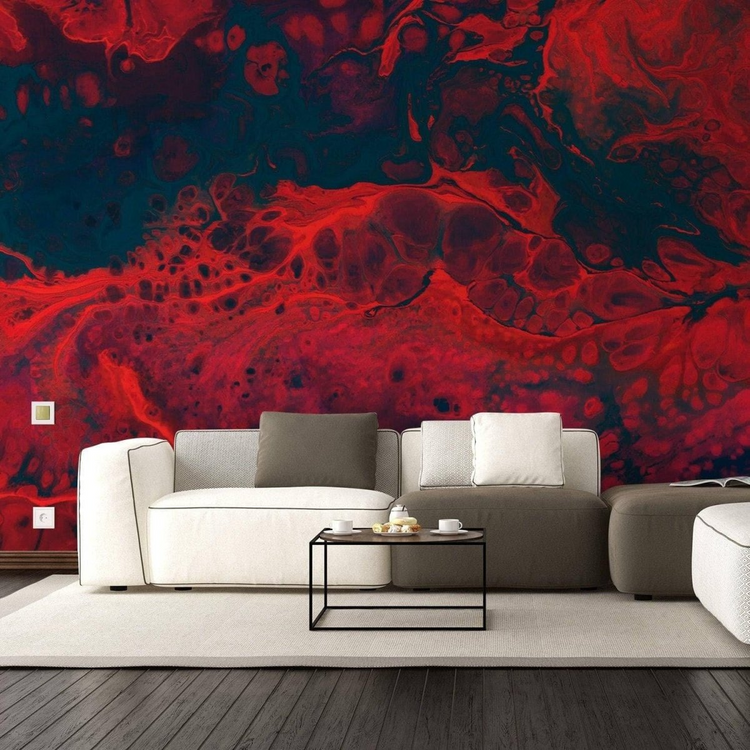 a room with a red and blue wall