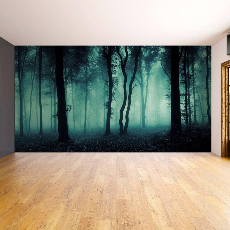 a room with a wall mural of trees and a window
