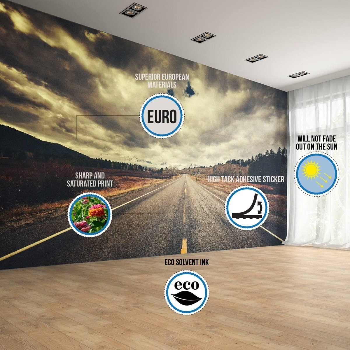 a wall with a picture of a road and text on it