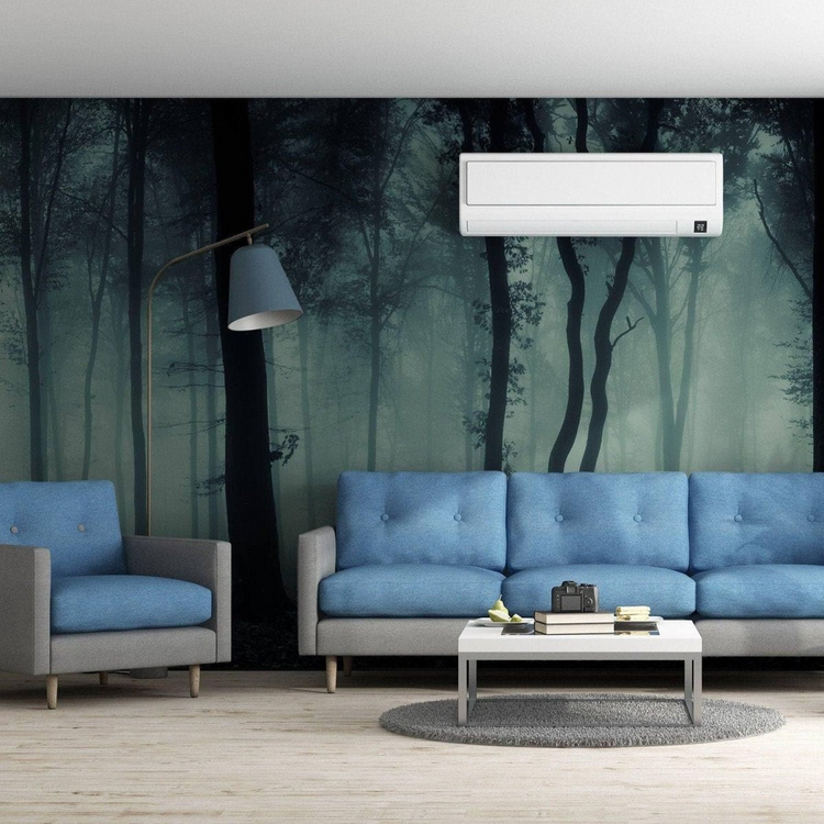 a room with a couch and a wallpaper