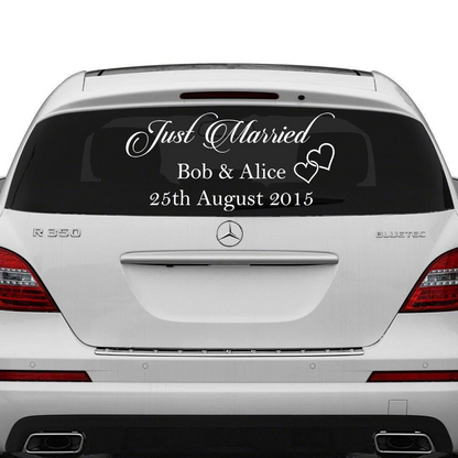 Just Married Car Vinyl Wedding Sticker - Custom Name Day Window Glass Personalized Vehicle Decal - Calligraphy Removable White Bridal Gift