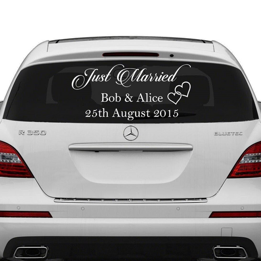 Just Married Car Vinyl Wedding Sticker - Custom Name Day Window Glass Personalized Vehicle Decal - Calligraphy Removable White Bridal Gift