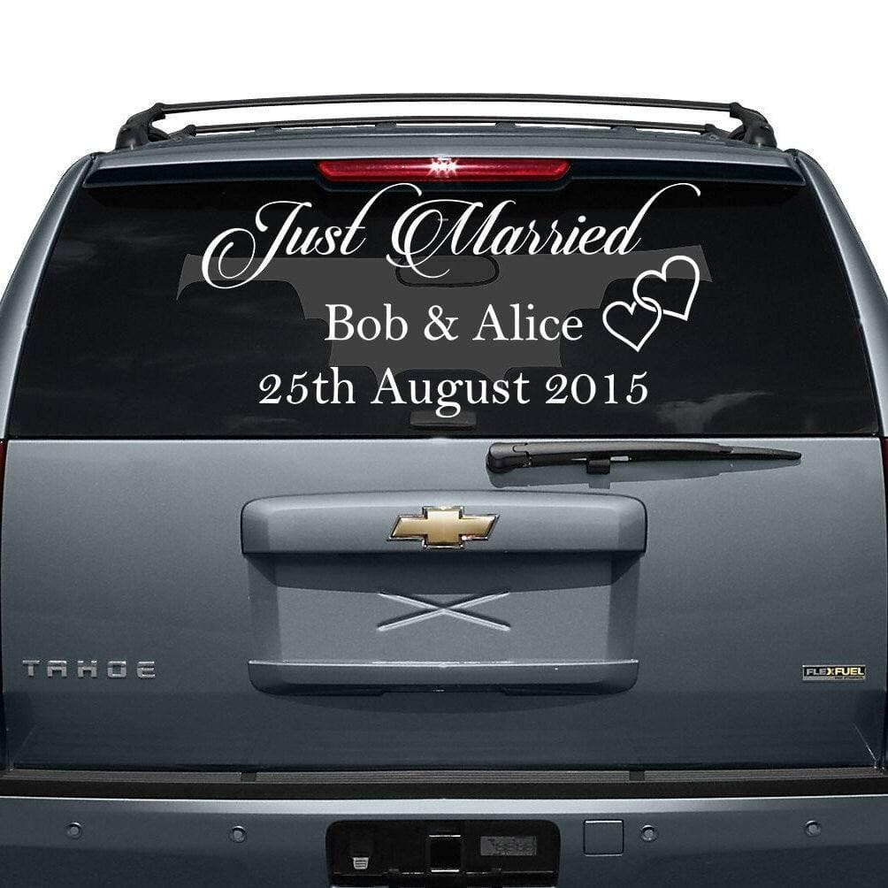 Just Married Car Vinyl Wedding Sticker - Custom Name Day Window Glass Personalized Vehicle Decal - Calligraphy Removable White Bridal Gift