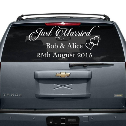 Just Married Car Vinyl Wedding Sticker - Custom Name Day Window Glass Personalized Vehicle Decal - Calligraphy Removable White Bridal Gift