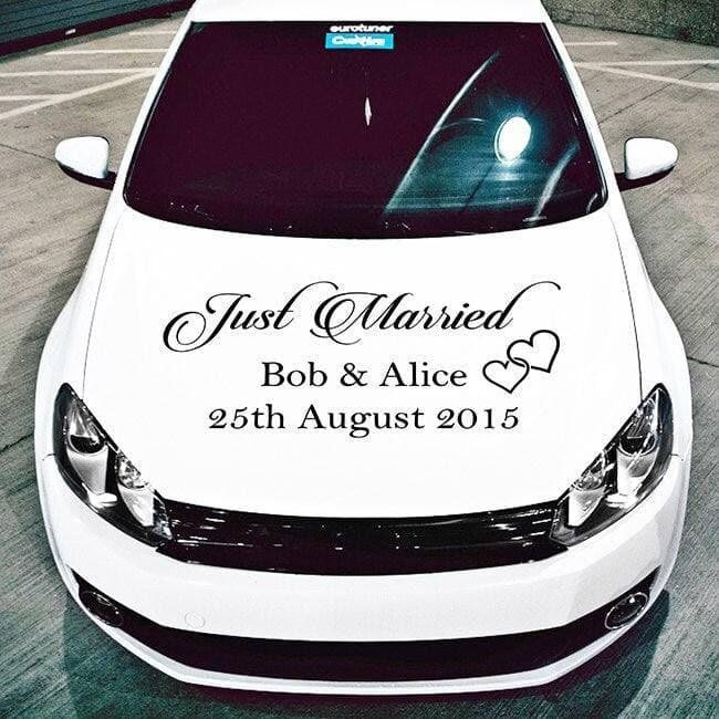 Just Married Car Vinyl Wedding Sticker - Custom Name Day Window Glass Personalized Vehicle Decal - Calligraphy Removable White Bridal Gift