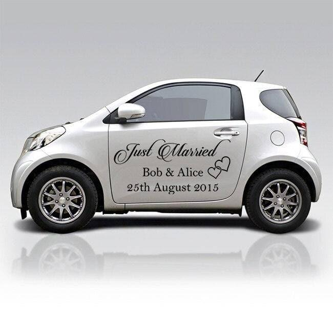 Just Married Car Vinyl Wedding Sticker - Custom Name Day Window Glass Personalized Vehicle Decal - Calligraphy Removable White Bridal Gift
