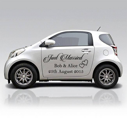 Just Married Car Vinyl Wedding Sticker - Custom Name Day Window Glass Personalized Vehicle Decal - Calligraphy Removable White Bridal Gift
