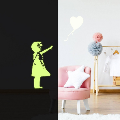 Glow In The Dark Wall Vinyl Sticker Art - Luminescent Neon Night Glowing Light Decal Kid Room Stick - Banksy Girl With Heart Balloon Hope