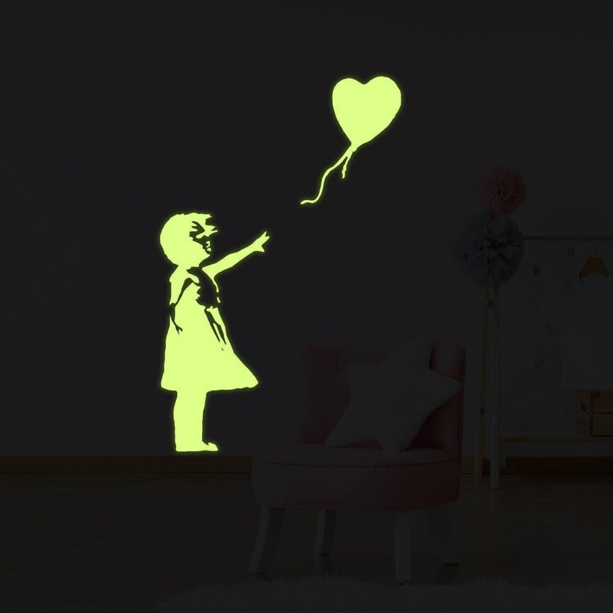Glow In The Dark Wall Vinyl Sticker Art - Luminescent Neon Night Glowing Light Decal Kid Room Stick - Banksy Girl With Heart Balloon Hope