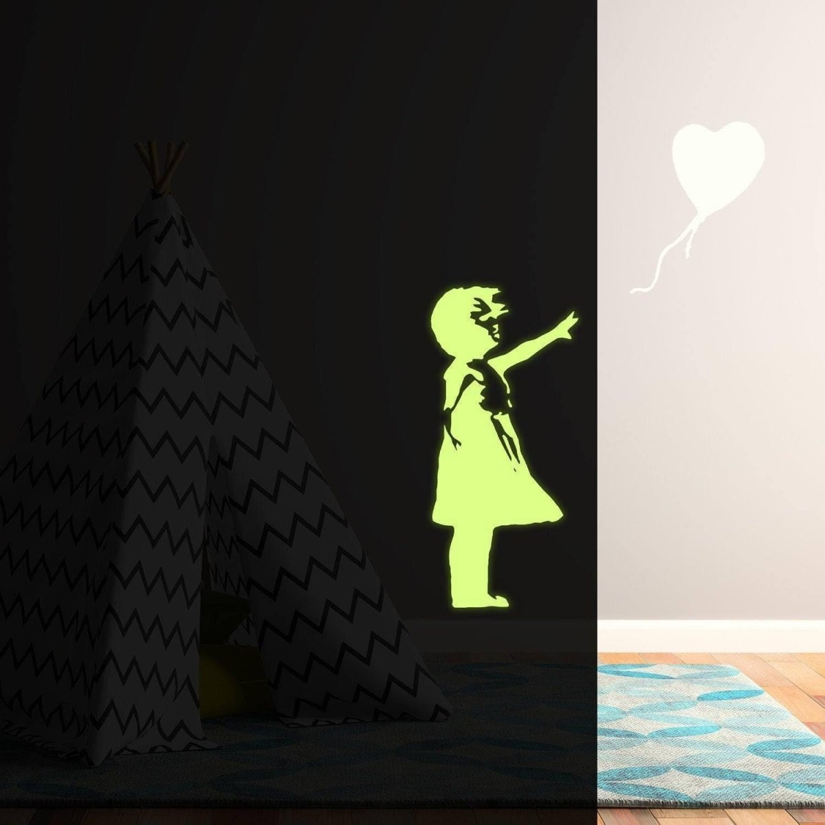 Glow In The Dark Wall Vinyl Sticker Art - Luminescent Neon Night Glowing Light Decal Kid Room Stick - Banksy Girl With Heart Balloon Hope