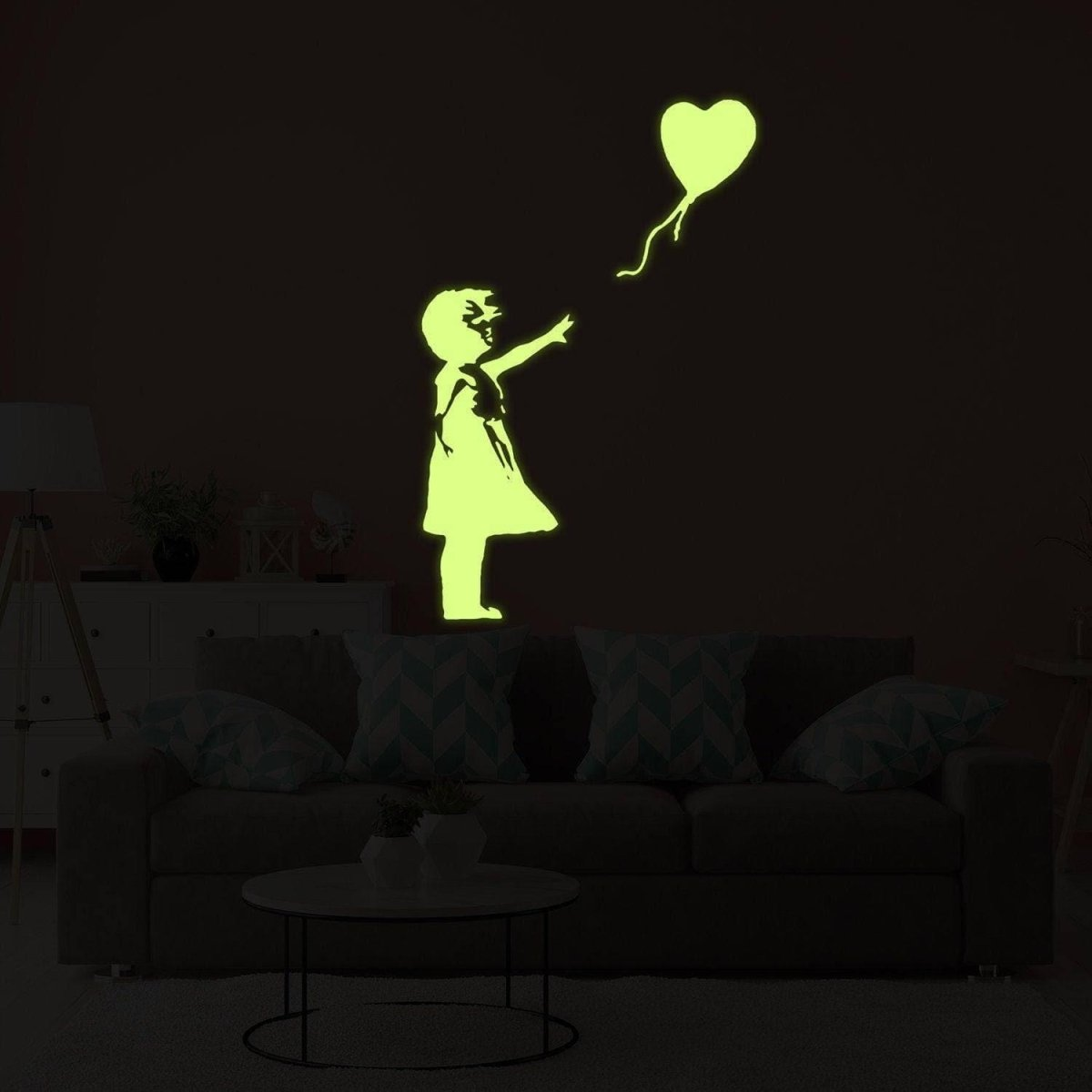 Glow In The Dark Wall Vinyl Sticker Art - Luminescent Neon Night Glowing Light Decal Kid Room Stick - Banksy Girl With Heart Balloon Hope
