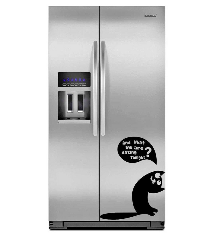 a silver refrigerator with a black cat decal