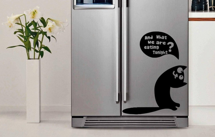a refrigerator with a black and white image