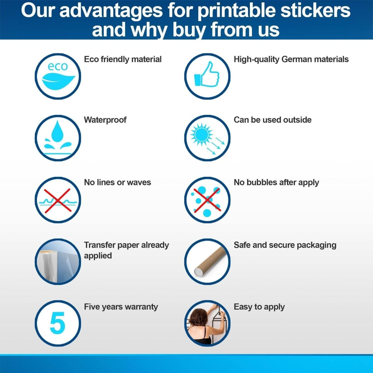 a white background with blue circles and icons
