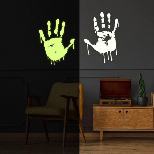Glow In Dark Bloody Hands Scary Red Vinyl Sticker - Night Glowing Zombie Blood Car Wall Decal Print - Realistic Luminescent Light Ghost