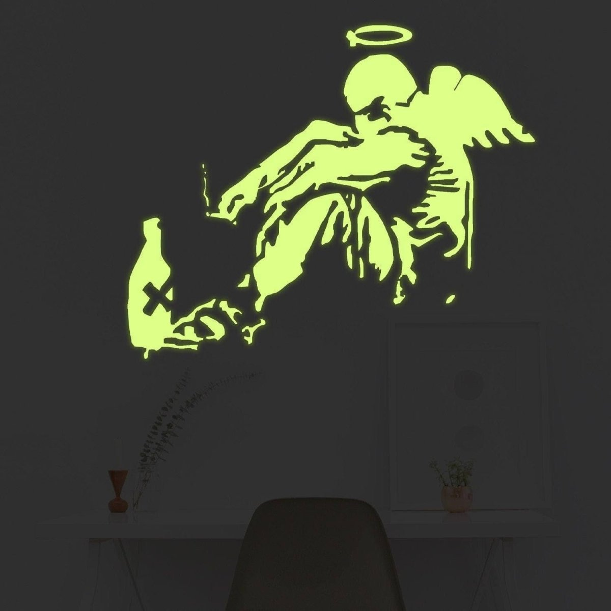 Glow In Dark Banksy Fallen Angel Wall Sticker - Night Glowing Giant Street Graffiti Wings Vinyl Decal - Realistic Luminescent Light Ghost
