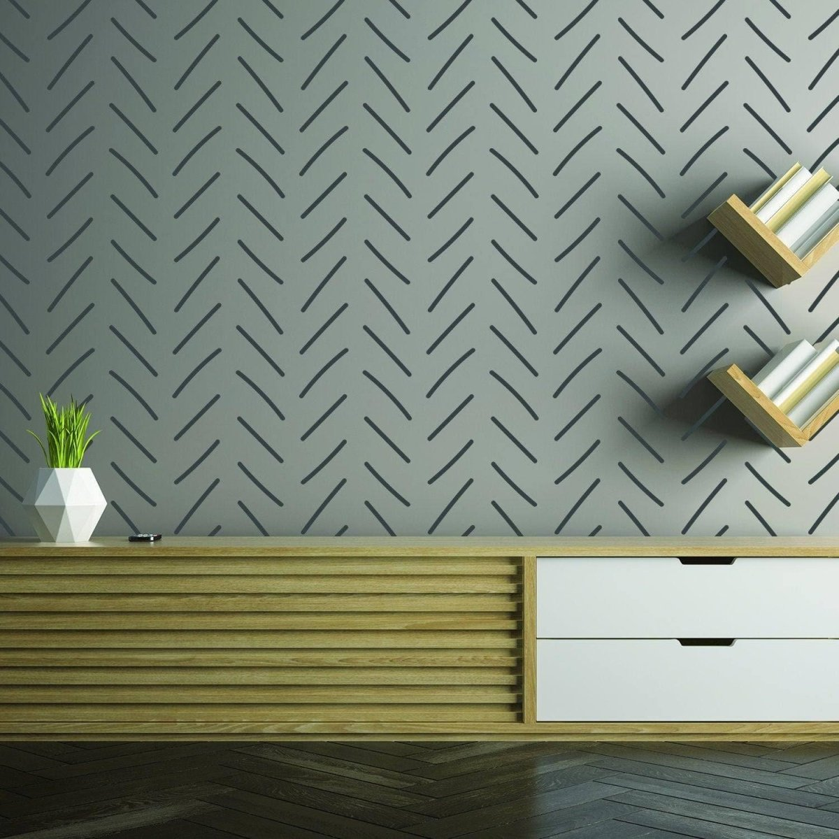 7x Rolls of Herringbone Wallpaper Peel And Stick Stickers - Geometric Self Adhesive Black Removable Stripes Wall - Waterproof Vinyl Decals