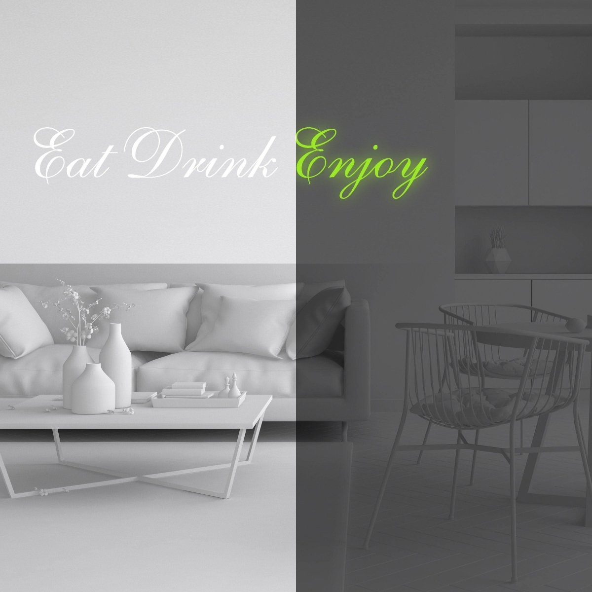 Glow In Dark Eat Drink Enjoy Quote Wall Vinyl Sticker - Glowing Kitchen Text Decal Sign - Nigh Light Neon Sayings Decor Sign Room