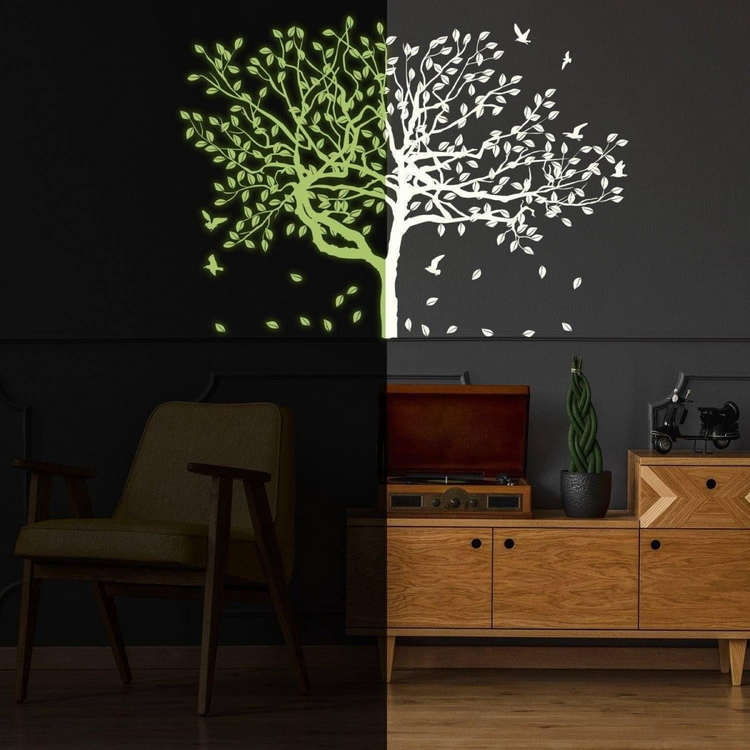 a room with a tree and a cabinet