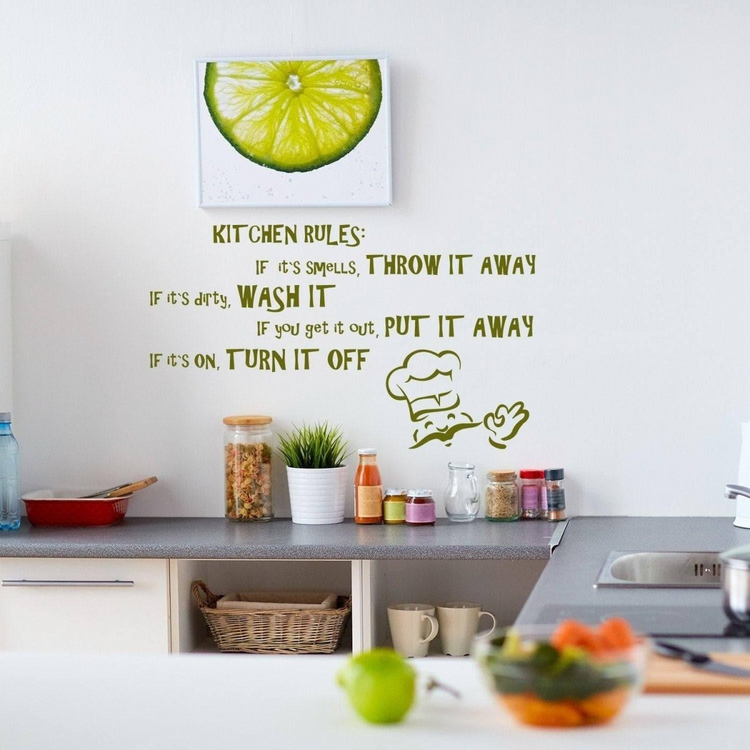 a kitchen with a wall and a poster