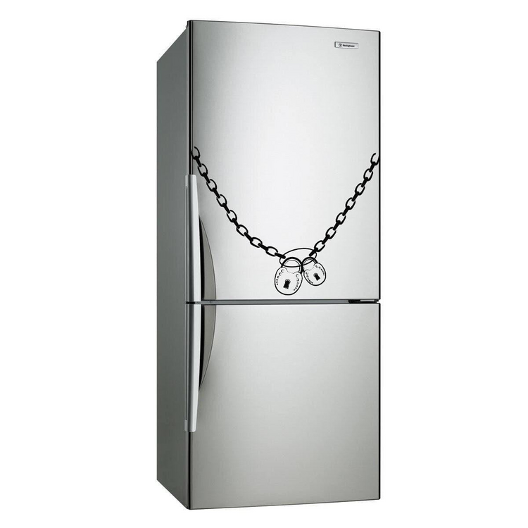 a silver refrigerator with a chain and lock on it