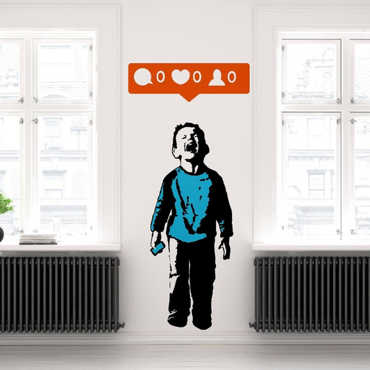 Banksy Crying Boy Wall Sticker - Street Art Graffiti Facebook Social Media Decal - Kid With Cellphone Hand Phone Laptop Mac Mural Die Cut